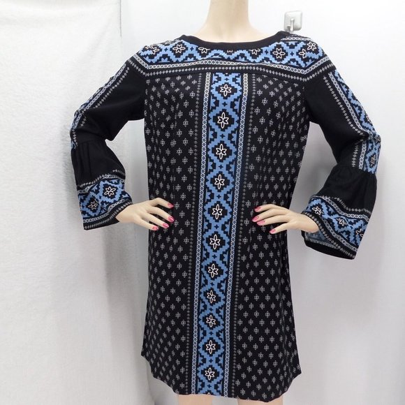 * "LOFT" MULTICOLOR MEDALLION TRIBAL BOHO BELL SLEEVE SHIFT MINI DRESS   MP NWT - Picture 4 of 6